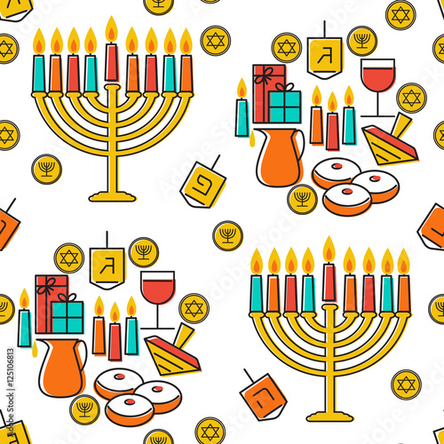 Hanukkah seamless pattern. Hanukkah symbols. Hanukkah candles, menorah, sufganiot and dreidel. Vector illustration for jewish holiday Hanukkah.