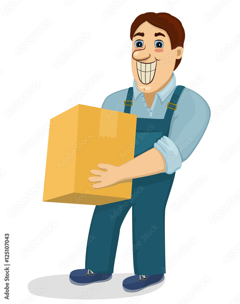 Funny cartoon porter with cardboard box. Transportation and delivery company isolated vector illustration. Worker mover man holding and carrying heavy carton. Cute smiling character loader. Funny cartoon porter with cardboard box. Transportation and delivery company isolated vector illustration. Worker mover man holding and carrying heavy carton. Cute smiling character loader.