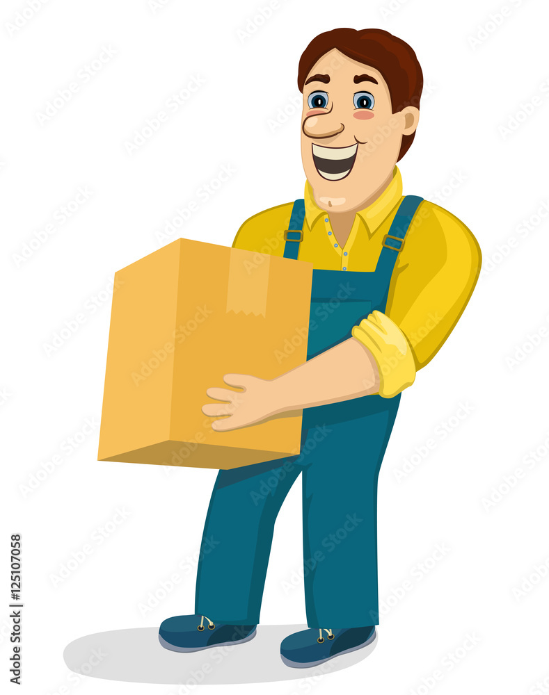 Funny cartoon porter with cardboard box. Transportation and delivery  company isolated vector illustration. Worker mover man holding and carrying  heavy carton. Cute smiling character loader. Stock Vector | Adobe Stock