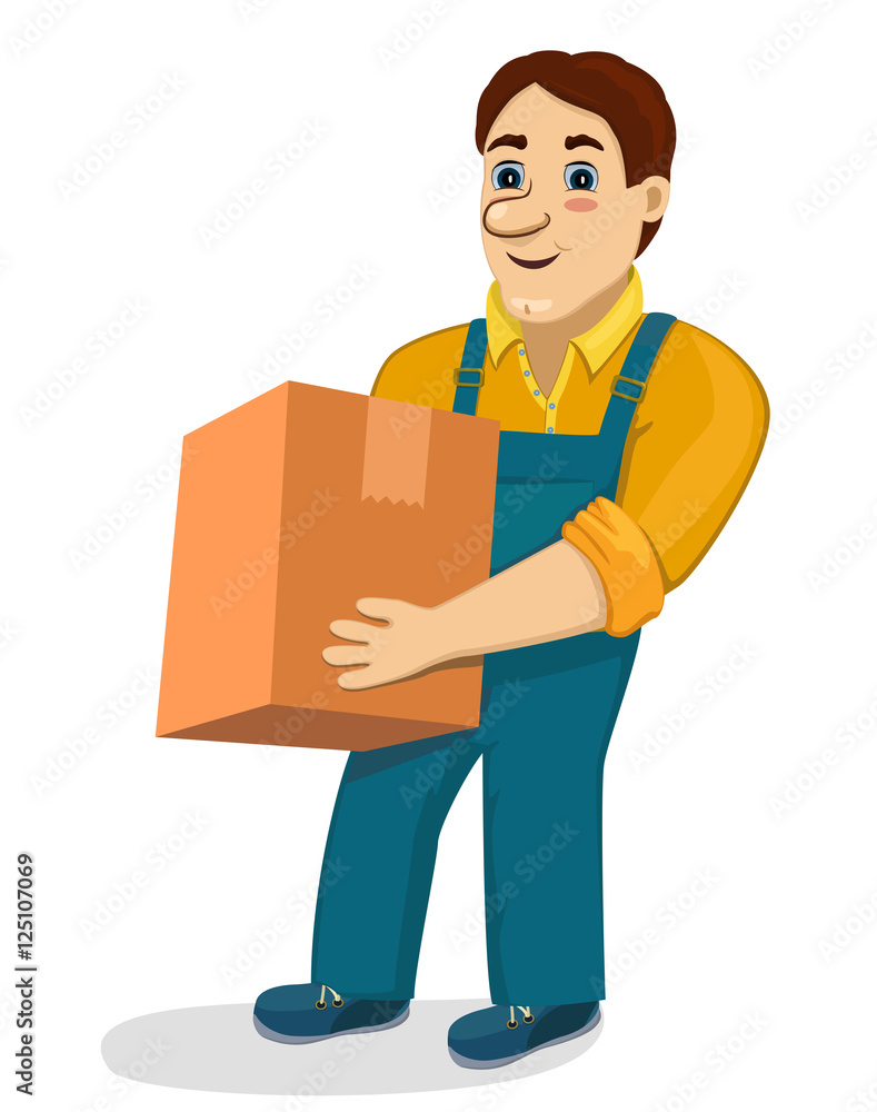 Funny cartoon porter with cardboard box. Transportation and delivery company isolated vector illustration. Worker mover man holding and carrying heavy carton. Cute smiling character loader. Funny cartoon porter with cardboard box. Transportation and delivery company isolated vector illustration. Worker mover man holding and carrying heavy carton. Cute smiling character loader.