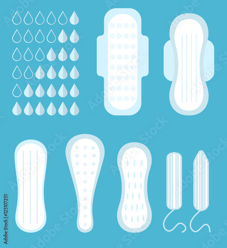 Menstruation  feminine hygiene set. Pads  pantyliners  tampons. Female hygiene products. Women s hygiene. Flat style. Vector illustration.