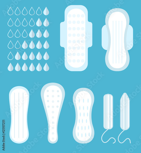 Menstruation, feminine hygiene set. Pads, pantyliners, tampons. Female hygiene products. Women's hygiene. Flat style. Vector illustration.
