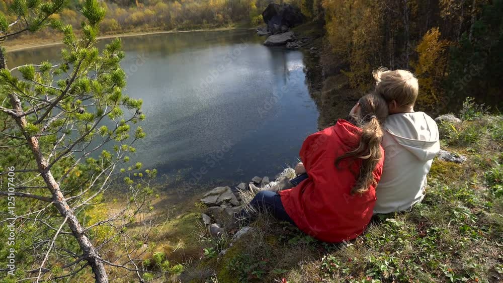 Pair of Lovers Embracing at the Lake Autumn