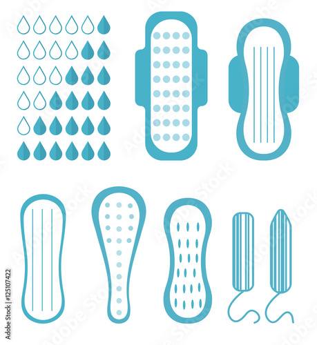 Menstruation, feminine hygiene set. Pads, pantyliners, tampons. Female hygiene products. Women's hygiene. Flat style. Vector illustration. photo