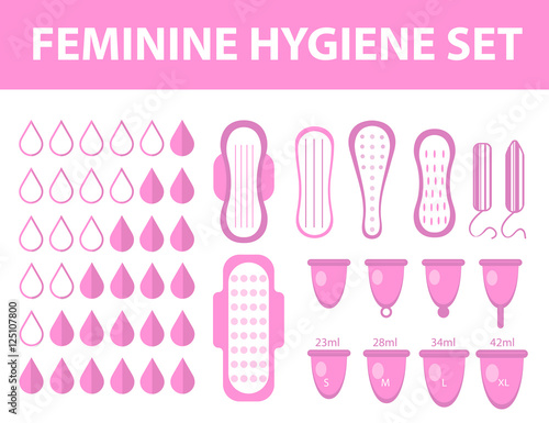 Menstruation feminine hygiene set. Pads, pantyliners, tampons, menstrual cup. Female hygiene products. Women's hygiene. Flat style. Vector illustration.