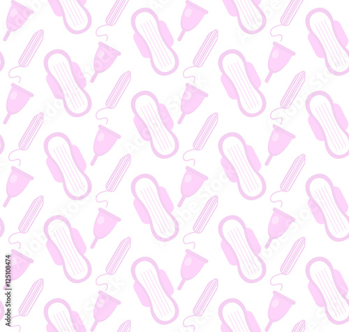 Menstruation, feminine hygiene seamless pattern. Pads, pantyliners, tampons seamless texture. Female hygiene products background. Women's hut wallpaper. Vector illustration.