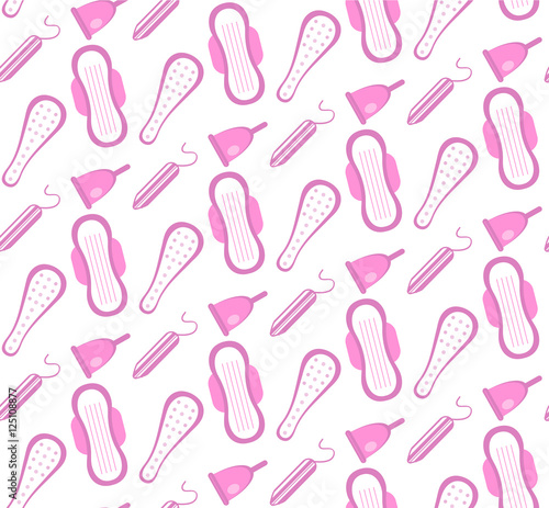 Menstruation, feminine hygiene seamless pattern. Pads, pantyliners, tampons seamless texture. Female hygiene products background. Women's hut wallpaper. Vector illustration.