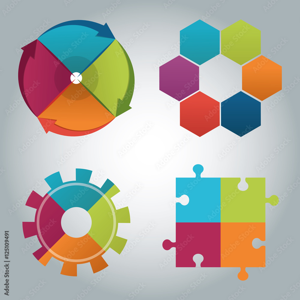 Steps circle puzzle and gear icon. Infographic data information and options theme. Colorful design. Vector illustration Steps circle puzzle and gear icon. Infographic data information and options theme. Colorful design. Vector illustration