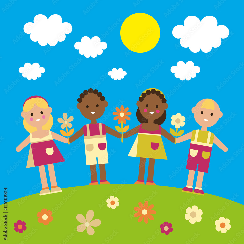 Poster with children on a green lawn. Vector illustration. 