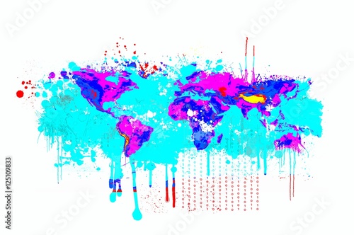 Splash dripping world map in blue and magenta colors. Basic image of Earth courtesy NASA.