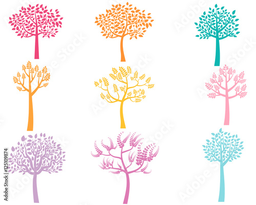 Set of vector color tree silhouettes in flat style