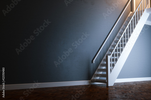 White wooden stairs in new black interior