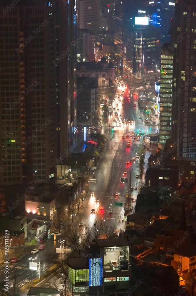 Night view of streets downtown Seoul Korea
