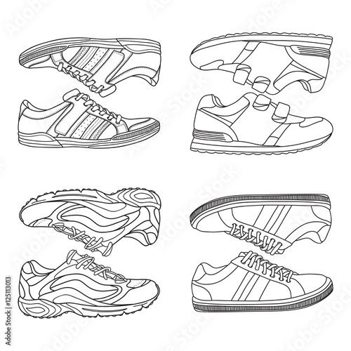 Set of vector hand drawing illustration with sneakers, gym shoes.Doodle illustration