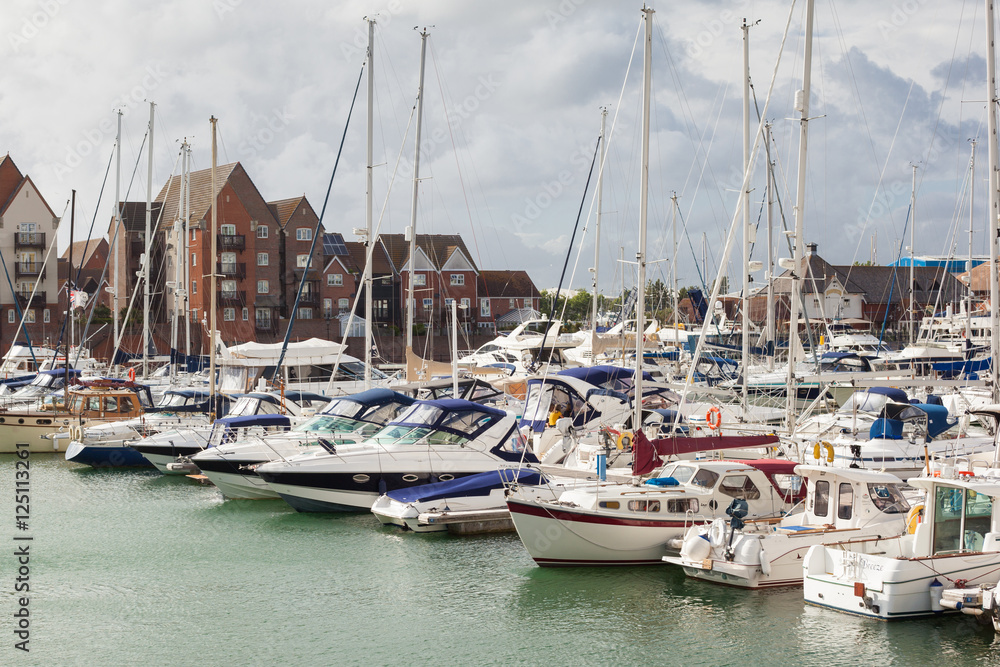 Yachts in Sovereign harbour marina, Eastbourne, East Sussex, England, selective focus