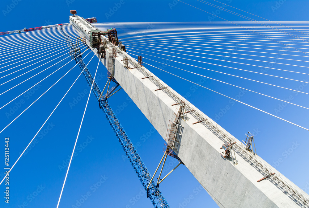 Fototapeta premium construction of big guyed bridge in the Russian Vladivostok over