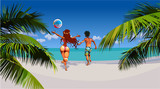 cartoon man and woman happily running on tropical beach