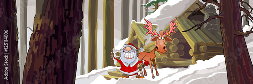 cartoon joyous Santa Claus standing with a moose in the winter woods near the hut