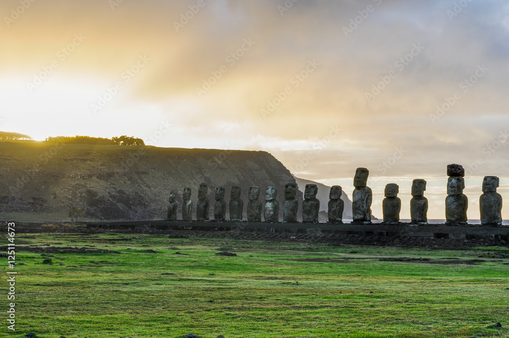 Sunrise at the Ahu Tongariki in Easter Island, Chile