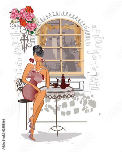 Series of street cafes in the city with people drinking coffee. Girl in the street cafe. 
