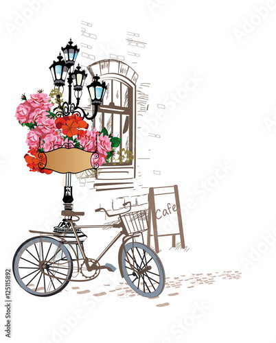 Series of backgrounds decorated with flowers, old town views and street cafes. Hand drawn Vector Illustration. 