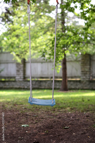 empty wooden swing hanging in summer garden