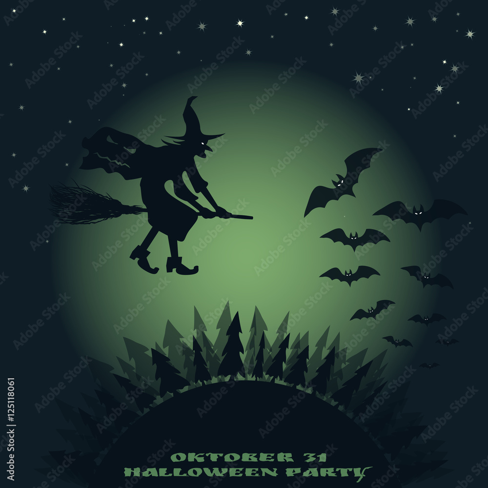 Halloween background. image of flying over the forest witch on a broomstick and bats on a background of the moon. Halloween background. image of flying over the forest witch on a broomstick and bats on a background of the moon.