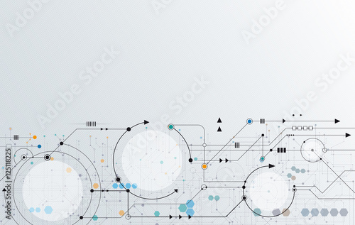 Vector Abstract futuristic, white paper circle label and circuit board. Illustration high tech computer technology over light gray color background. Hi-tech digital technology concept