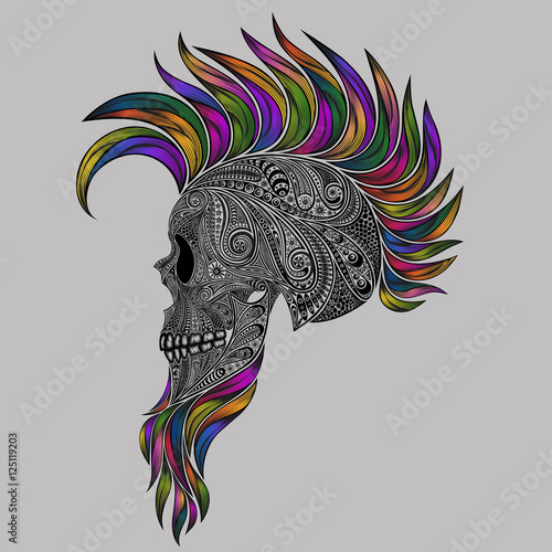 Vector human skull made of flowers with a colored Mohawk and a beard