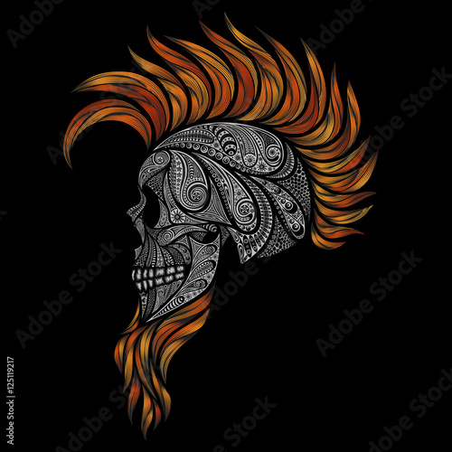 Human skull on a black background. Punk with a Mohawk and a beard of a variety of patterns