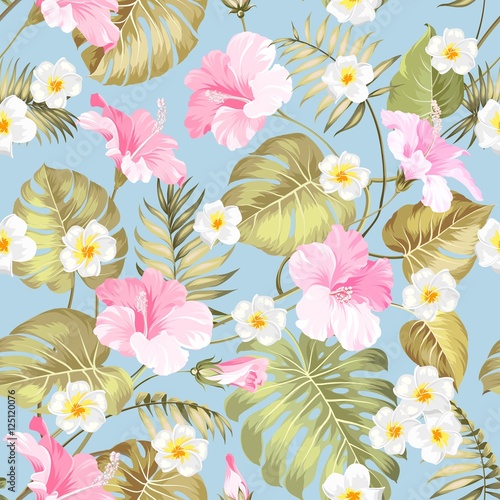 Tropical design for fabric swatch. Topical palm leaves and beautiful plumeria flowers on seamless patten over green background. Vector illustration.