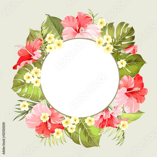 Tropical flower circle frame with place for invitation card text over gray background. Invitation card with floral garland with text place. Vector illustration.