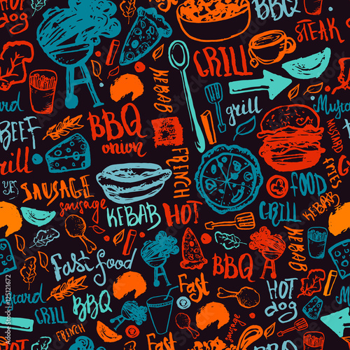 BBQ Barbecue Grill Doodle Seamless Pattern. Colorful BBQ design with hand drawn lettering for wrapping, banners and promotion.