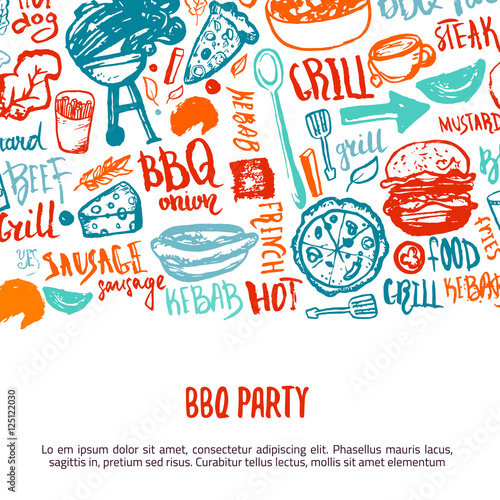 BBQ opening party announcement. Doodle hand-drawn poster with barbeque accessories, lettering vector illustration on white background.