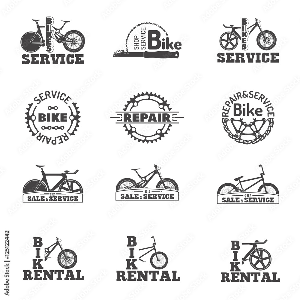 Set cycling logos. Rental, sales, bike repairs.