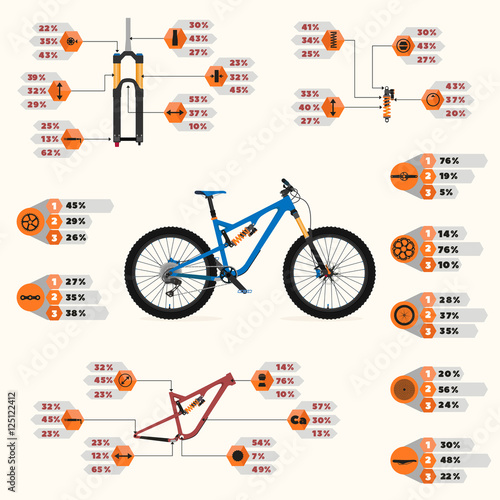 Info graphics suspension bike. Flat image with no gradient. Great detail.