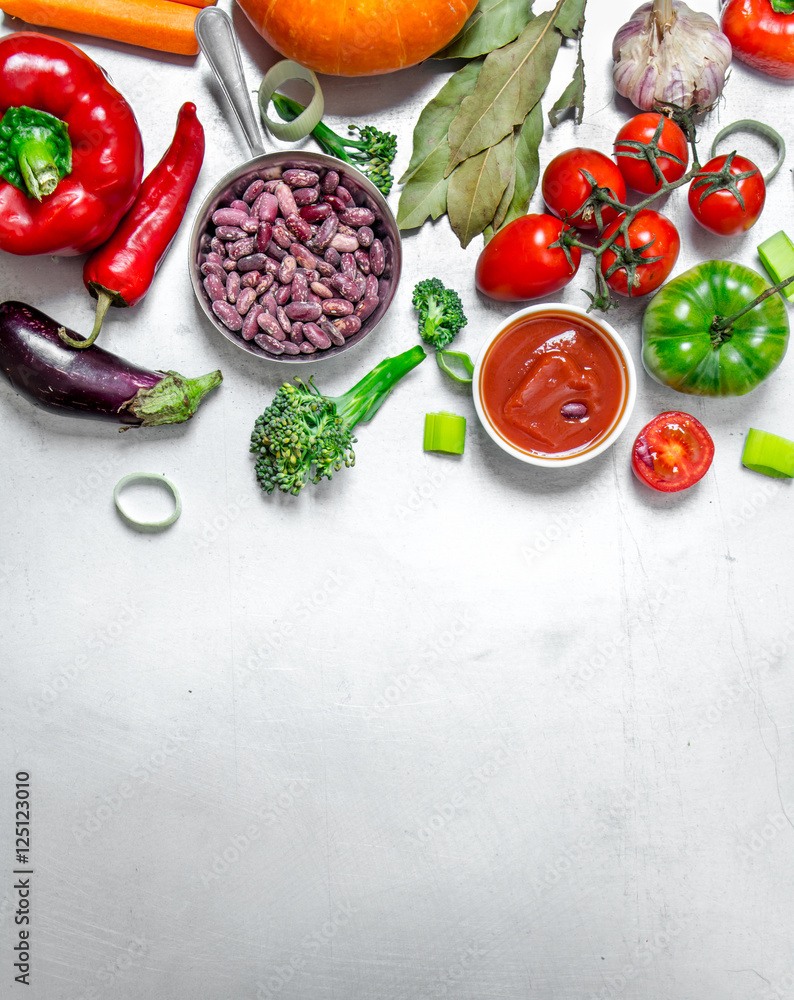 Raw vegetables with spices and beans. Raw vegetables with spices and beans.