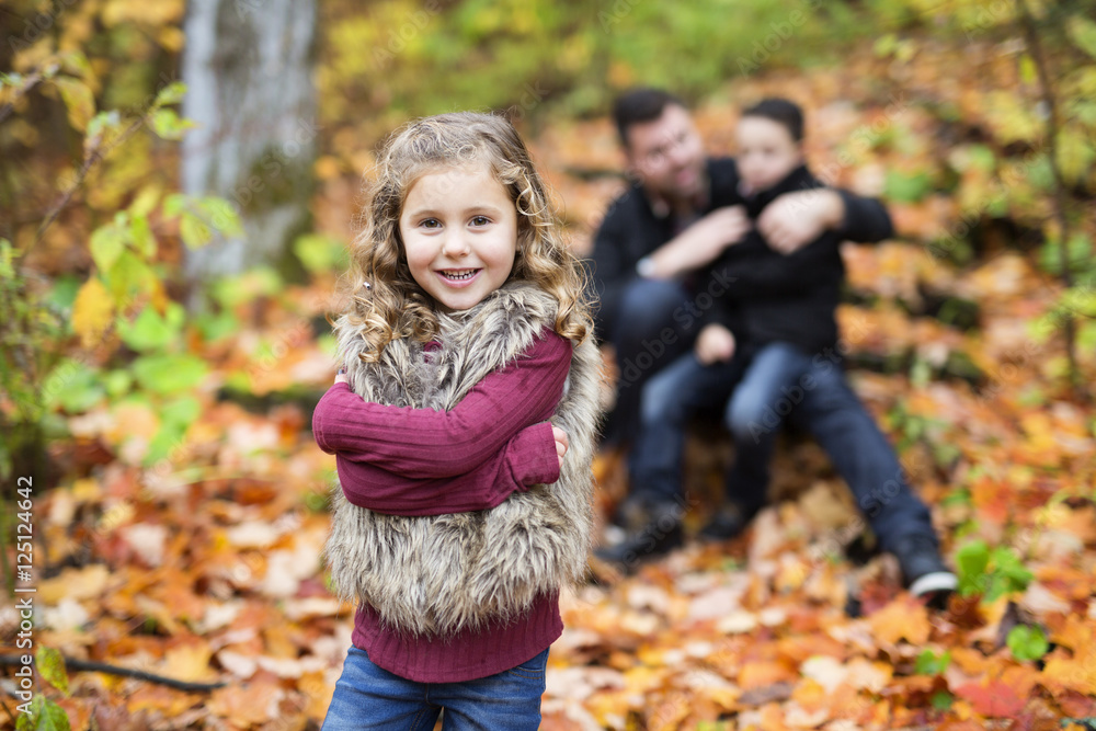 Father with children in the autumn birch forest. Father with children in the autumn birch forest.