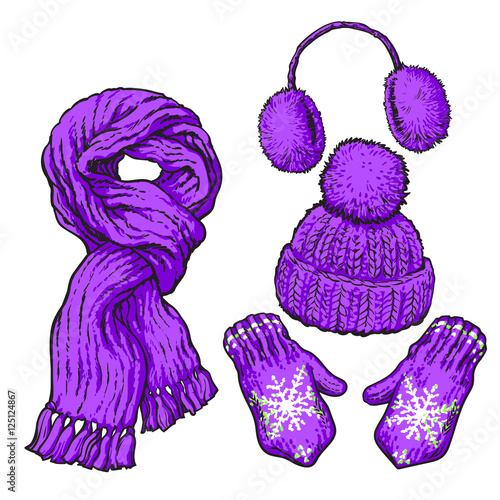Set of bright purple knotted scarf, hat, ear muffs and mittens, sketch style vector illustrations isolated on white background. Hand drawn woolen scarf, hat with a pompom, mittens and ear warmers