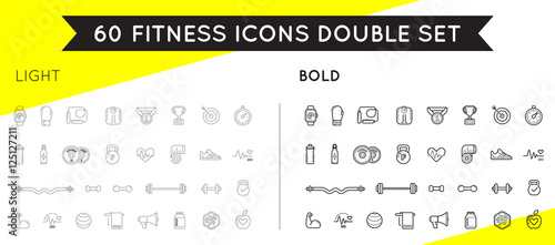 Set of Thin and Bold Vector Fitness Aerobics Gym Elements and Fi