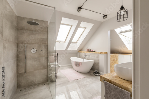 Modern bathroom interior with minimalistic shower photo