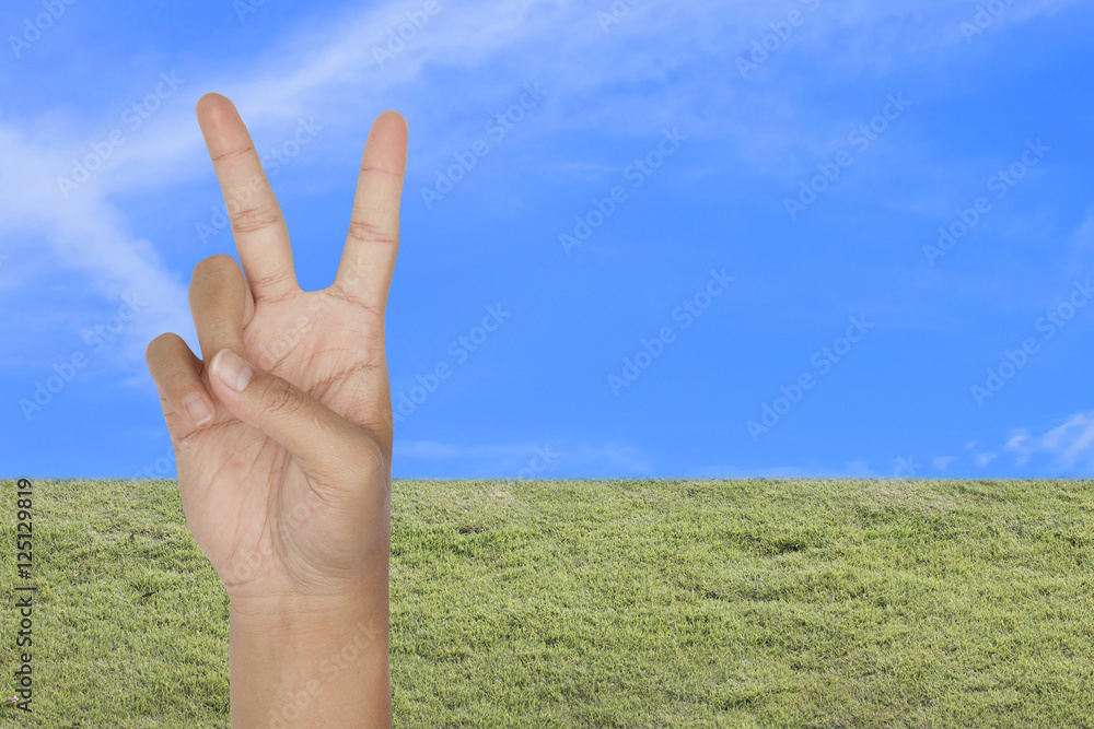 symbol of victory by hand with green grass and blue sky background symbol of victory by hand with green grass and blue sky background