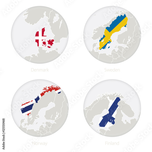 Denmark, Sweden, Norway, Finland map contour and national flag in a circle. Vector Illustration.