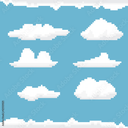 vector sky with clouds pixel art background.