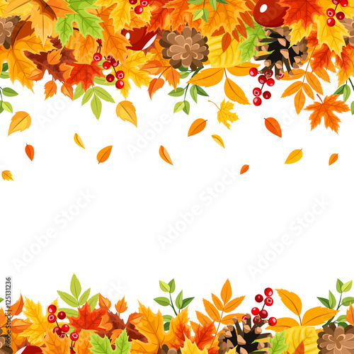 Vector horizontal seamless frame with colorful falling autumn leaves on a white background.