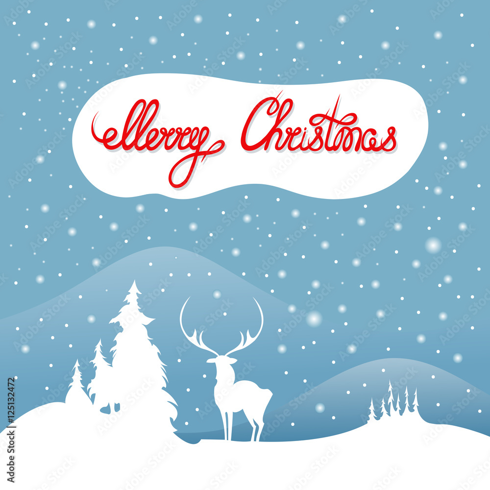 Merry Christmas. Lettering. Invitation card with a deer and winter landscape with snow. Forest Hills. Vector illustration for the holiday.