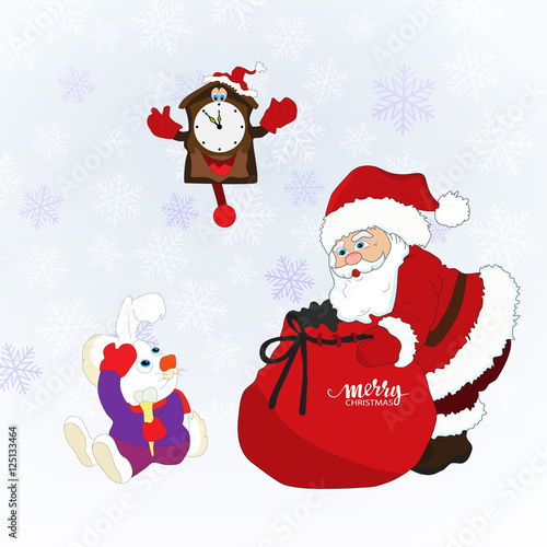 Christmas card with Santa Claus,a rabbit, clock