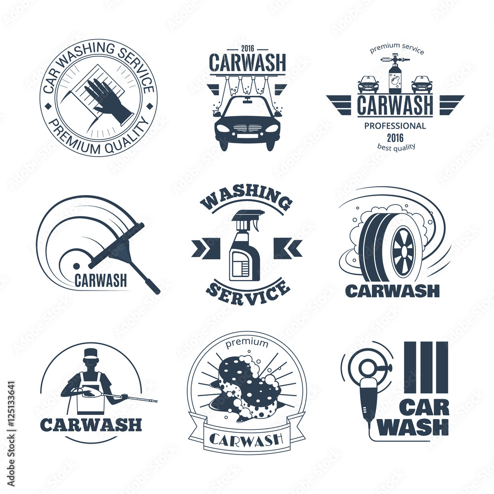 Car Wash Black Emblems Icons Set 