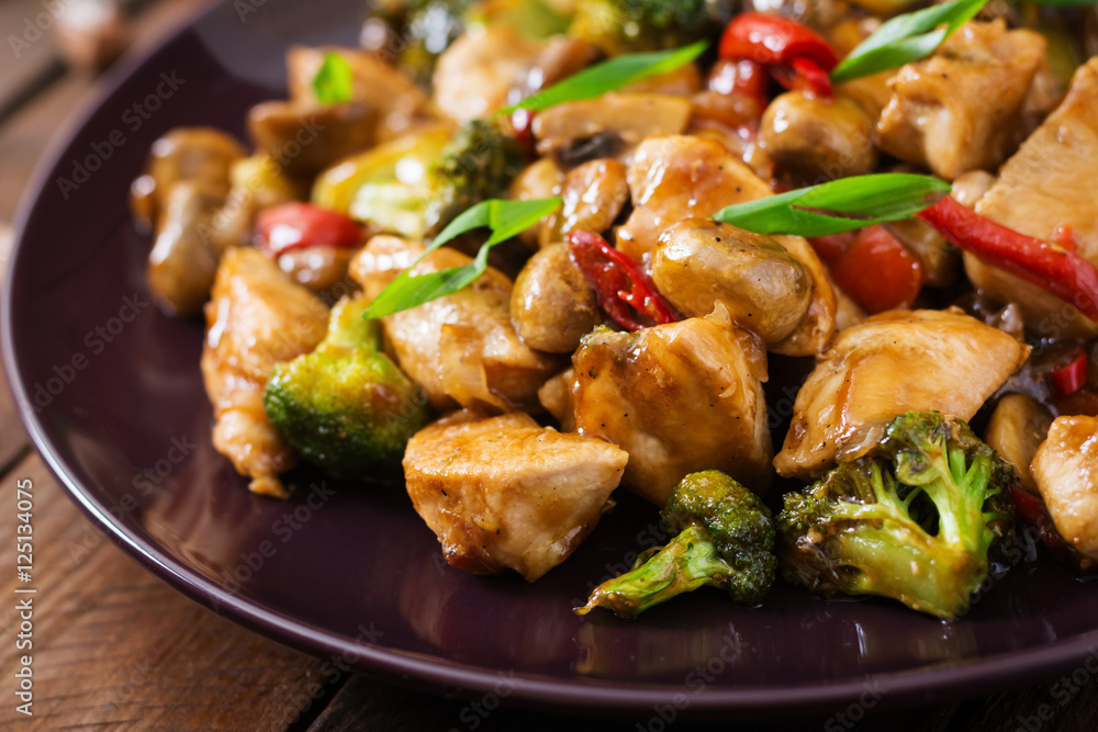 Stir fry with chicken, mushrooms, broccoli and peppers - Chinese food Stir fry with chicken, mushrooms, broccoli and peppers - Chinese food