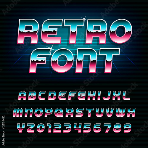 80's retro alphabet font. Metallic effect shiny oblique letters and numbers. Vector typeface for flyers, headlines, posters etc.